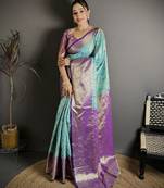 Turquoise blue woven, floral print, self design banarasi silk saree with blouse