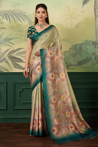 Beige printed tussar silk blend bollywood saree with blouse