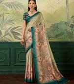 Beige printed tussar silk blend bollywood saree with blouse