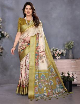 olive digital printed work cotton blend saree 1