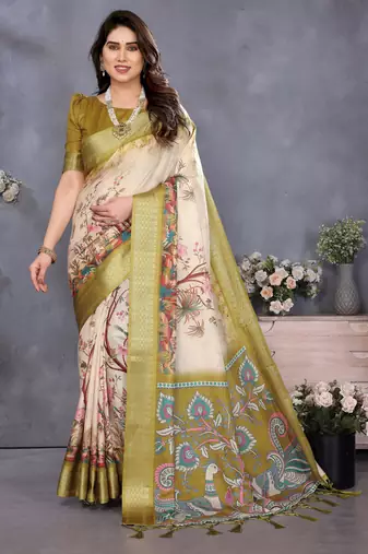 olive digital printed work cotton blend saree