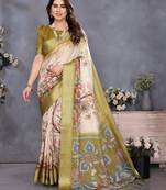 olive digital printed work cotton blend saree