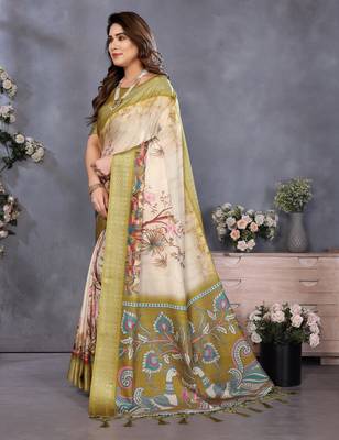olive digital printed work cotton blend saree 2