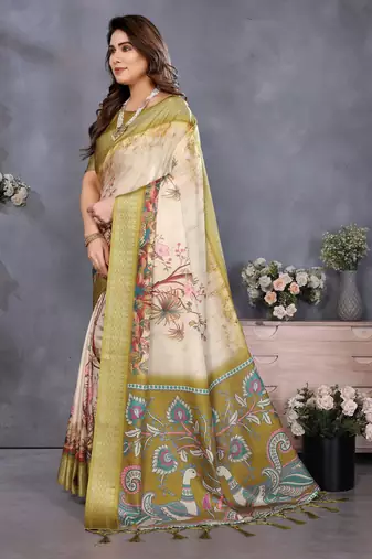olive digital printed work cotton blend saree