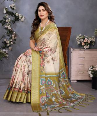 olive digital printed work cotton blend saree 3