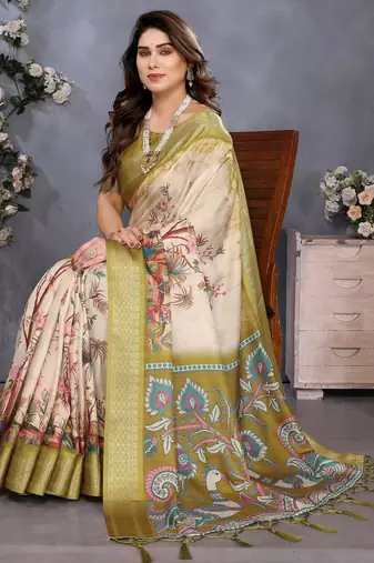 olive digital printed work cotton blend saree