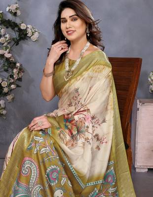 olive digital printed work cotton blend saree 4