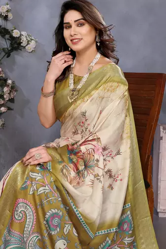 olive digital printed work cotton blend saree