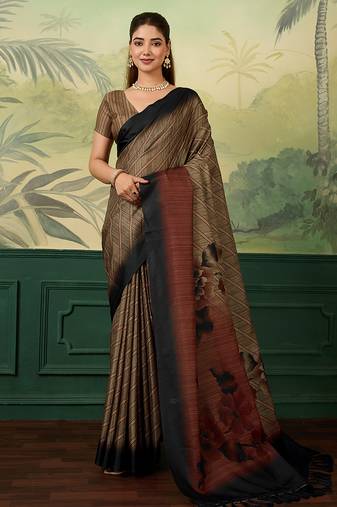Brown printed tussar silk blend bollywood saree with blouse