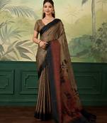 Brown printed tussar silk blend bollywood saree with blouse