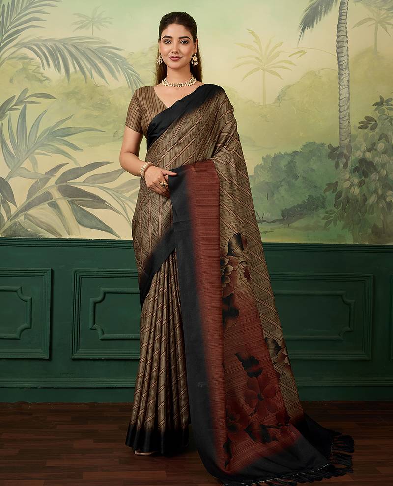 Brown printed tussar silk blend bollywood saree with blouse