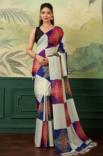 Multicolor printed, mirror work georgette bollywood saree with blouse