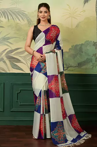 Multicolor printed, mirror work georgette bollywood saree with blouse
