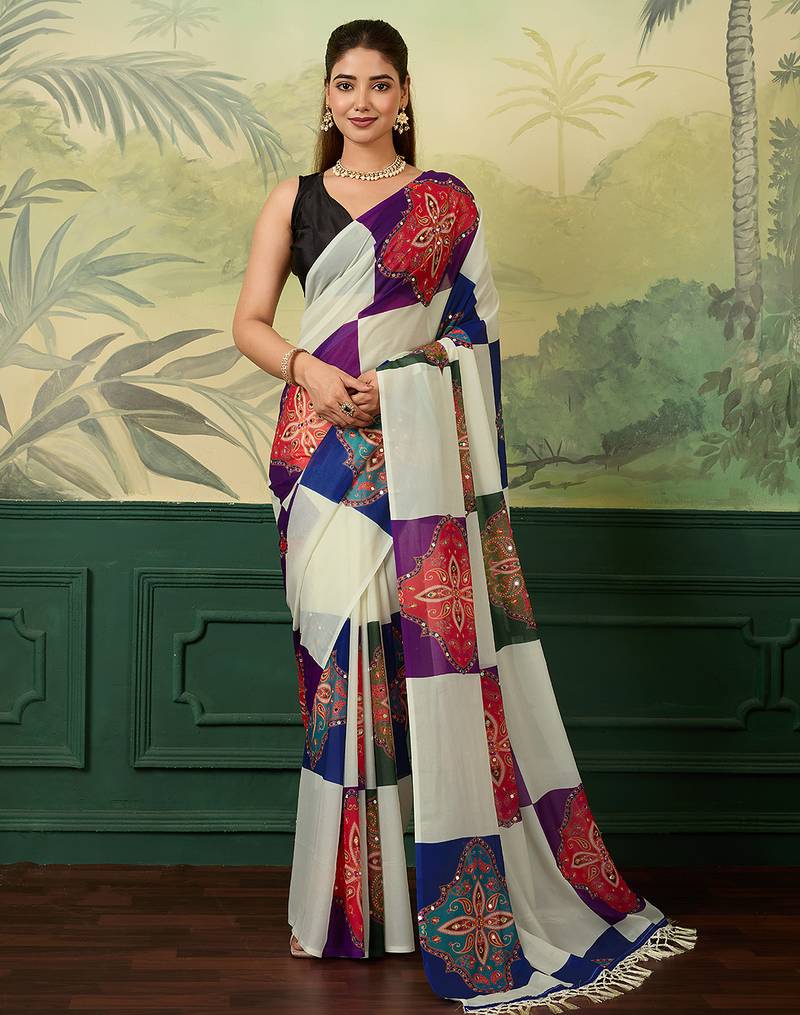 Multicolor printed, mirror work georgette bollywood saree with blouse
