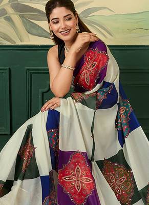 Multicolor printed, mirror work georgette bollywood saree with blouse 2