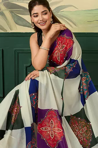 Multicolor printed, mirror work georgette bollywood saree with blouse