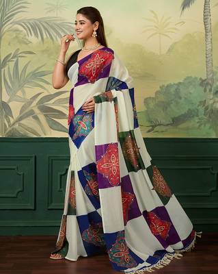 Multicolor printed, mirror work georgette bollywood saree with blouse 3