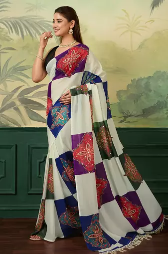 Multicolor printed, mirror work georgette bollywood saree with blouse