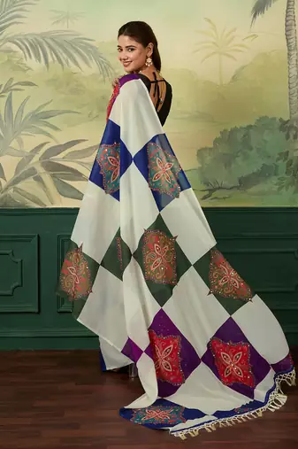 Multicolor printed, mirror work georgette bollywood saree with blouse