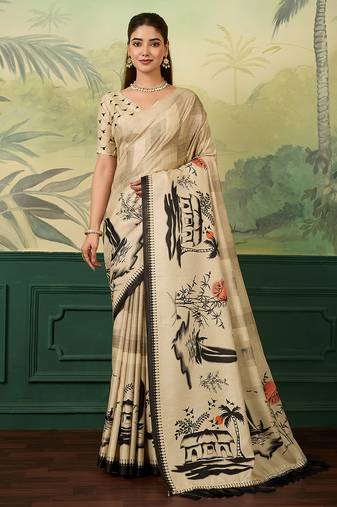 Cream printed tussar silk blend bollywood saree with blouse