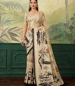 Cream printed tussar silk blend bollywood saree with blouse