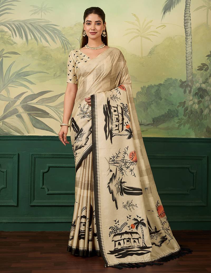 Cream printed tussar silk blend bollywood saree with blouse