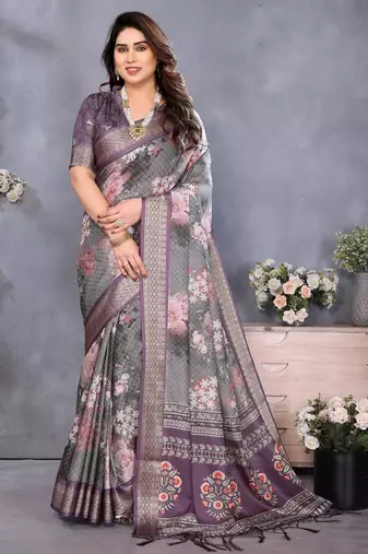 wine digital printed work cotton blend saree