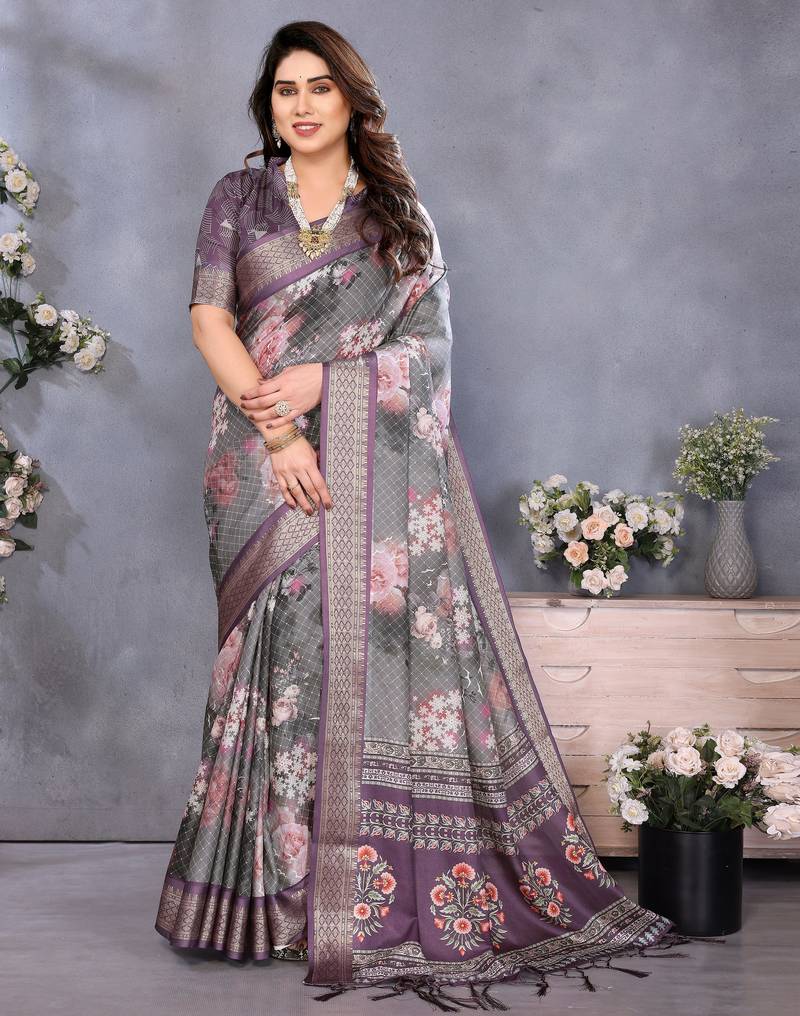 wine digital printed work cotton blend saree
