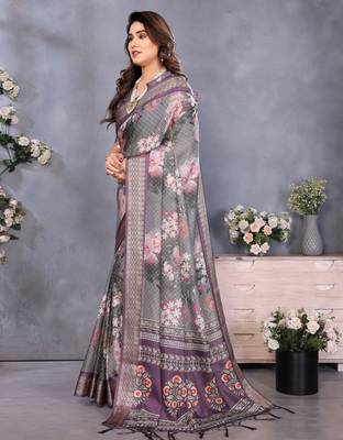 wine digital printed work cotton blend saree 2
