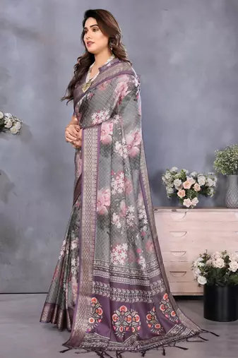 wine digital printed work cotton blend saree