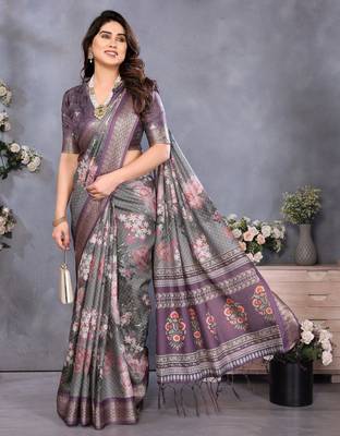 wine digital printed work cotton blend saree 3