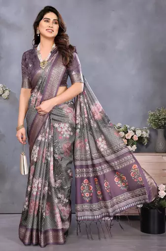 wine digital printed work cotton blend saree