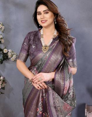 wine digital printed work cotton blend saree 4