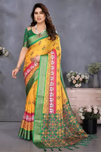 yellow digital printed work cotton blend saree