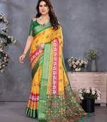 yellow digital printed work cotton blend saree