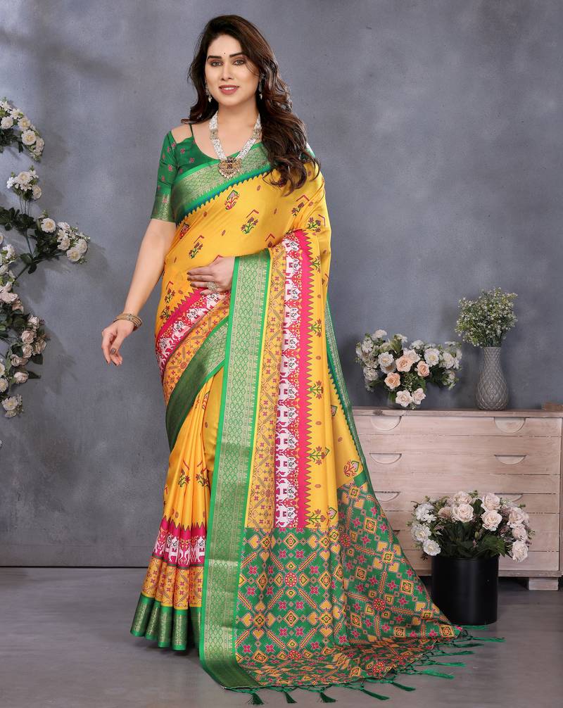 yellow digital printed work cotton blend saree