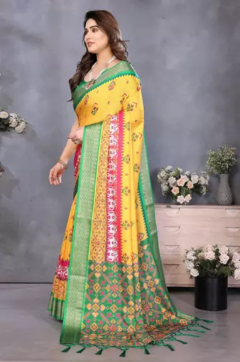 yellow digital printed work cotton blend saree
