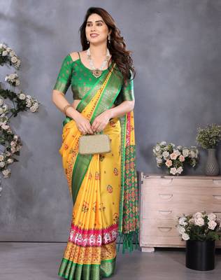 yellow digital printed work cotton blend saree 3