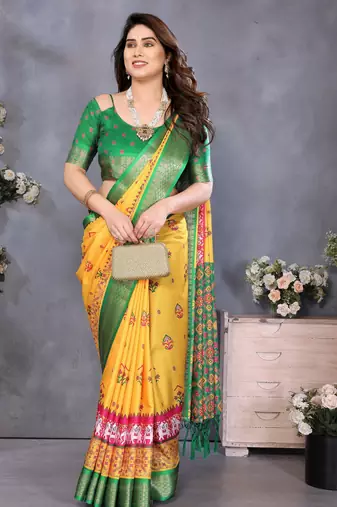 yellow digital printed work cotton blend saree
