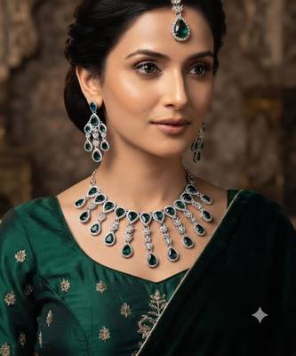 Green kundan & agate stone necklace set with earrings & maang tikka | rhodium plating 1
