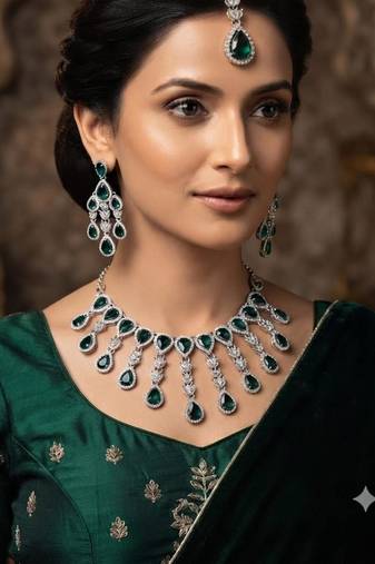 Green kundan & agate stone necklace set with earrings & maang tikka | rhodium plating