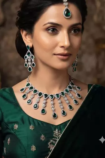 Green kundan & agate stone necklace set with earrings & maang tikka | rhodium plating