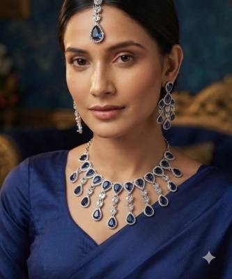 Blue kundan & agate stone necklace set with earrings & maang tikka | rhodium plating 1