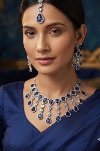 Blue kundan & agate stone necklace set with earrings & maang tikka | rhodium plating