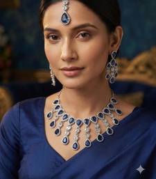 Blue kundan & agate stone necklace set with earrings & maang tikka | rhodium plating