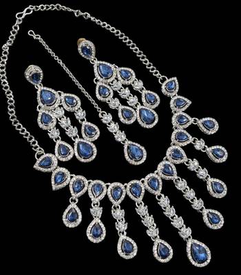 Blue kundan & agate stone necklace set with earrings & maang tikka | rhodium plating 2