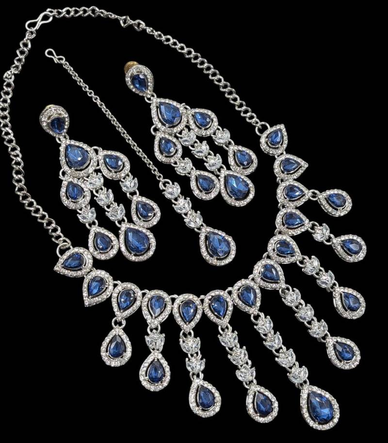 Blue kundan & agate stone necklace set with earrings & maang tikka | rhodium plating