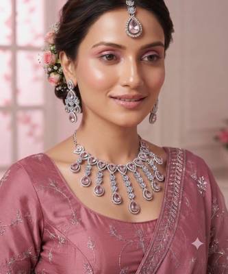 Baby pink kundan & agate stone necklace set with earrings & maang tikka | rhodium plating 1