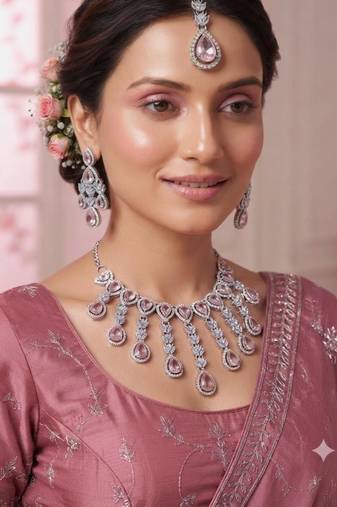 Baby pink kundan & agate stone necklace set with earrings & maang tikka | rhodium plating