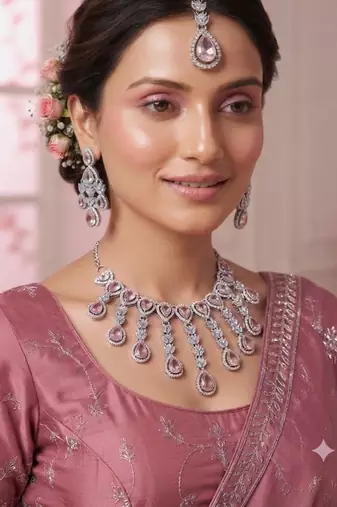 Baby pink kundan & agate stone necklace set with earrings & maang tikka | rhodium plating